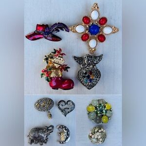 Vintage Brooch Lot of 10 – 1970s–1990s Enamel, Glass, Pearl & Marcasite Pins